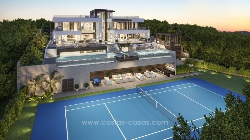 Villa contemporánea con pista de tenis en venta en el corazón del Valle del Golf, Nueva Andalucía, Marbella
