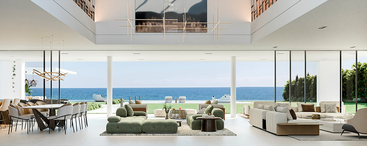 Exclusiva villa de diseño en venta en primera línea de playa con preciosas vistas al mar en la Nueva Milla de Oro entre Marbella y Estepona
