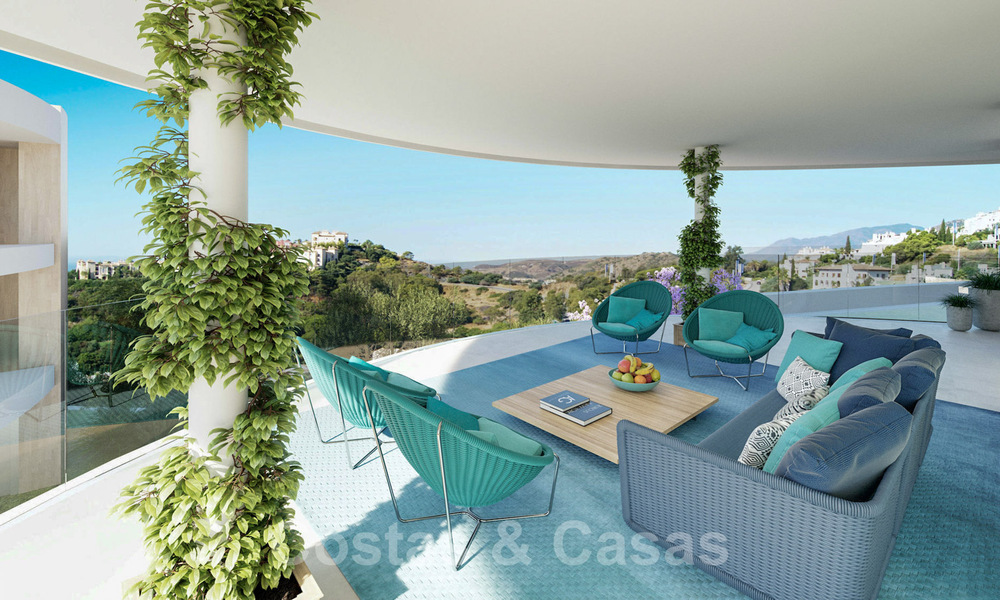 Nuevos, exquisitos y contemporáneos apartamentos de lujo en venta, con extraordinarias vistas al mar, al golf y a la montaña, Benahavis, Marbella 31088