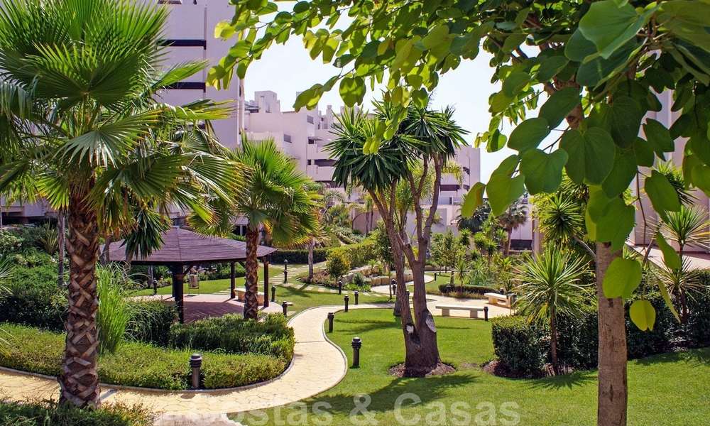 Moderno apartamento con jardín en venta en un complejo de playa de primera línea, con piscina privada, entre Marbella y Estepona 25644