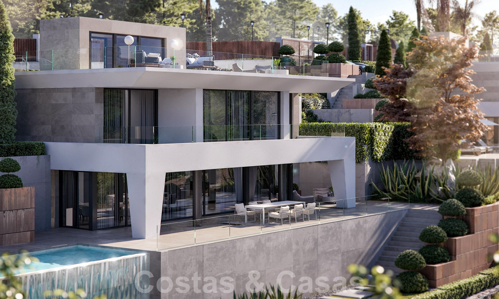Modernas villas de lujo de nueva construcción en venta con una gran terraza y hermosas vistas panorámicas al mar en la Costa del Sol 35212