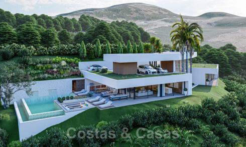 Villa contemporánea y moderna en venta, ubicada en un entorno natural, con impresionantes vistas al valle y al mar, en un complejo cerrado en Benahavis - Marbella 40511