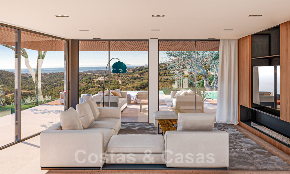 Villa contemporánea y moderna en venta, ubicada en un entorno natural, con impresionantes vistas al valle y al mar, en un complejo cerrado en Benahavis - Marbella 40520