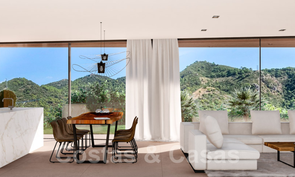 Villa contemporánea y moderna en venta, ubicada en un entorno natural, con impresionantes vistas al valle y al mar, en un complejo cerrado en Benahavis - Marbella 40521
