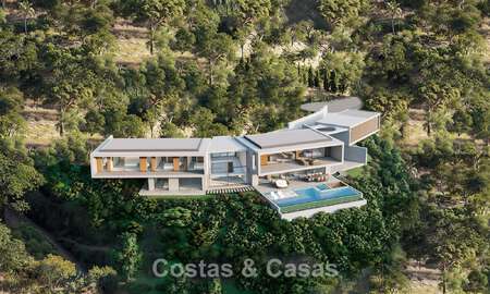 Villa contemporánea y moderna en venta, ubicada en un entorno natural, con impresionantes vistas al valle y al mar, en un complejo cerrado en Benahavis - Marbella 778055