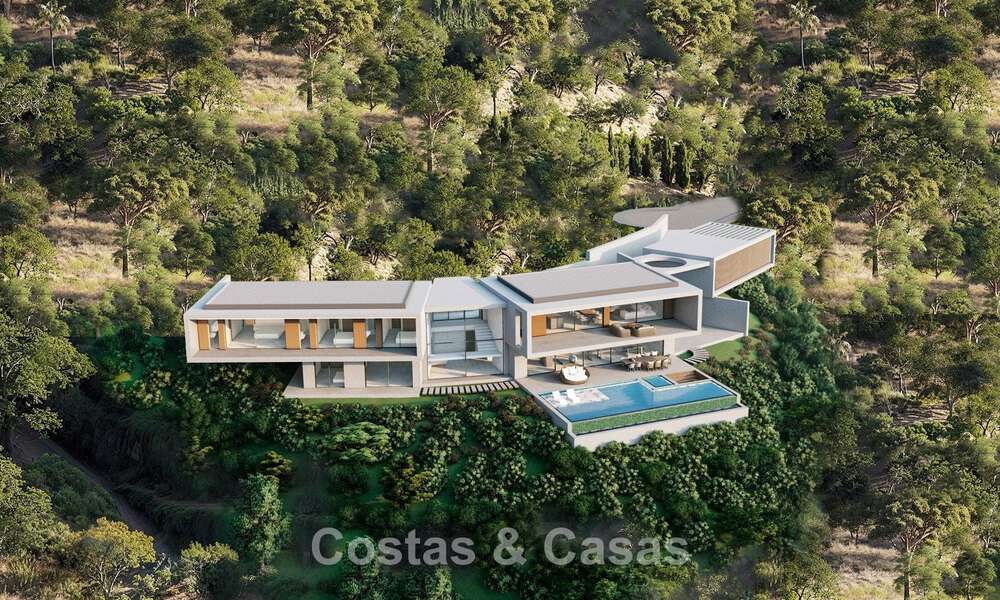 Villa contemporánea y moderna en venta, ubicada en un entorno natural, con impresionantes vistas al valle y al mar, en un complejo cerrado en Benahavis - Marbella 778055