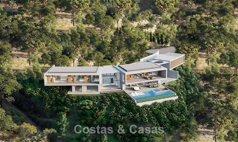 Villa contemporánea y moderna en venta, ubicada en un entorno natural, con impresionantes vistas al valle y al mar, en un complejo cerrado en Benahavis - Marbella 778055