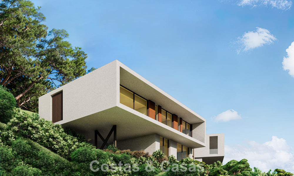 Villa contemporánea y moderna en venta, ubicada en un entorno natural, con impresionantes vistas al valle y al mar, en un complejo cerrado en Benahavis - Marbella 778056
