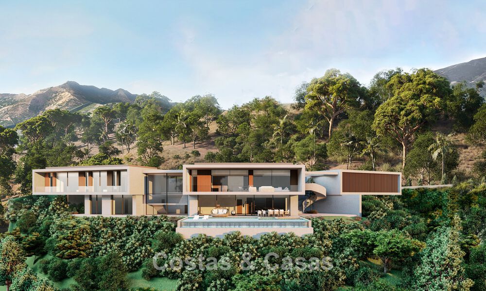 Villa contemporánea y moderna en venta, ubicada en un entorno natural, con impresionantes vistas al valle y al mar, en un complejo cerrado en Benahavis - Marbella 778060