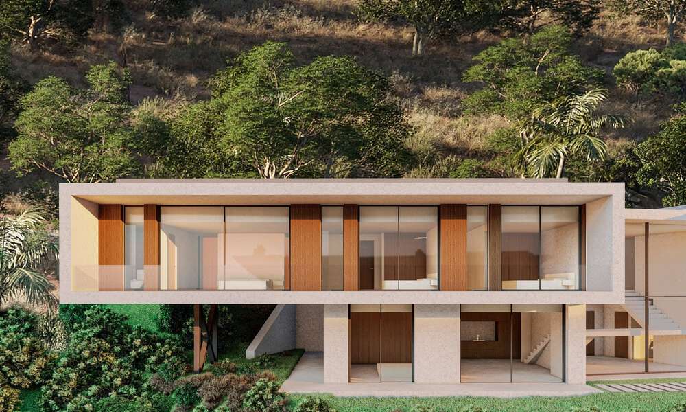 Villa contemporánea y moderna en venta, ubicada en un entorno natural, con impresionantes vistas al valle y al mar, en un complejo cerrado en Benahavis - Marbella 778061