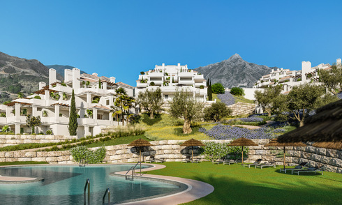 Apartamentos contemporáneos de estilo andaluz en venta con vistas panorámicas al mar en el valle del golf de Nueva Andalucía, Marbella 51631