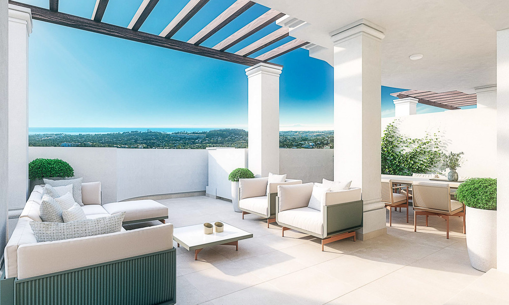 Apartamentos contemporáneos de estilo andaluz en venta con vistas panorámicas al mar en el valle del golf de Nueva Andalucía, Marbella 51638
