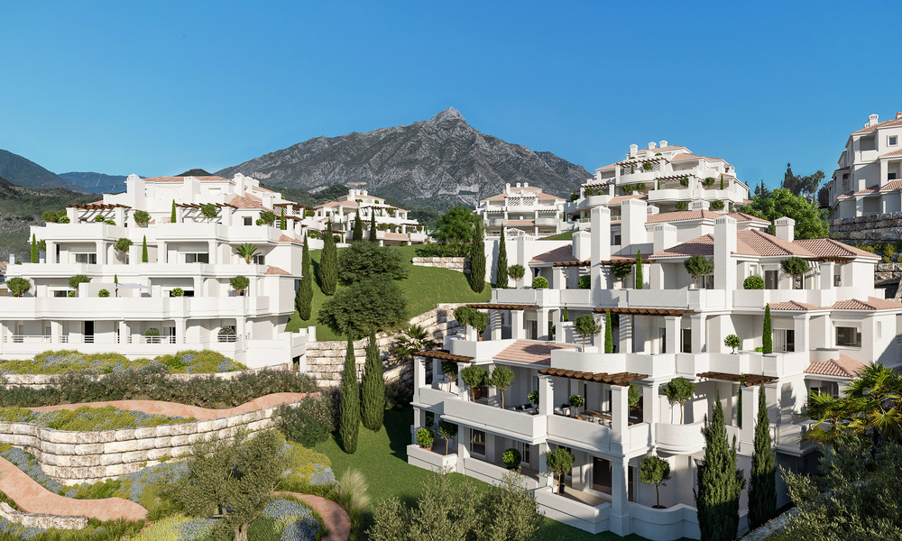Apartamentos contemporáneos de estilo andaluz en venta con vistas panorámicas al mar en el valle del golf de Nueva Andalucía, Marbella 51640