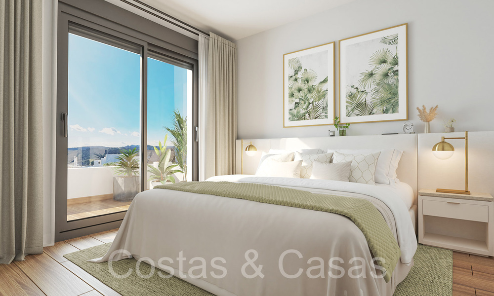 Apartamentos nuevos y contemporáneos con vistas panorámicas al mar en venta en complejo residencial cerrado cerca del centro de Estepona 63796
