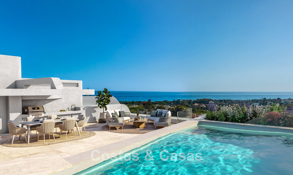 Nuevos y amplios apartamentos con vistas al golf y al mar en un estilo arquitectónico vanguardista en venta en Marbella Este 776200