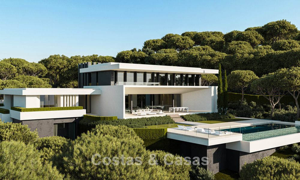 Villas de obra nueva de diseño arquitectónico con vistas al mar en venta en una urbanización segura en Benahavís, Marbella 785780