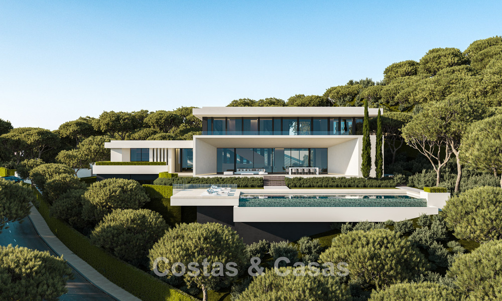 Villas de obra nueva de diseño arquitectónico con vistas al mar en venta en una urbanización segura en Benahavís, Marbella 785781