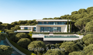 Villas de obra nueva de diseño arquitectónico con vistas al mar en venta en una urbanización segura en Benahavís, Marbella 785781 