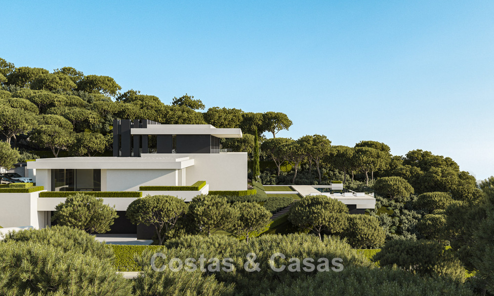 Villas de obra nueva de diseño arquitectónico con vistas al mar en venta en una urbanización segura en Benahavís, Marbella 785782
