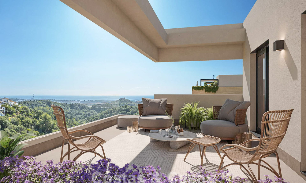 ¡Lanzamiento! Apartamentos innovadores sobre plano en venta con vistas al mar en las colinas de Marbella Este 787024