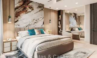 ¡Lanzamiento! Villas adosadas modernas con vistas al mar en venta en un complejo estilo resort en Elviria, Este de Marbella 793140 