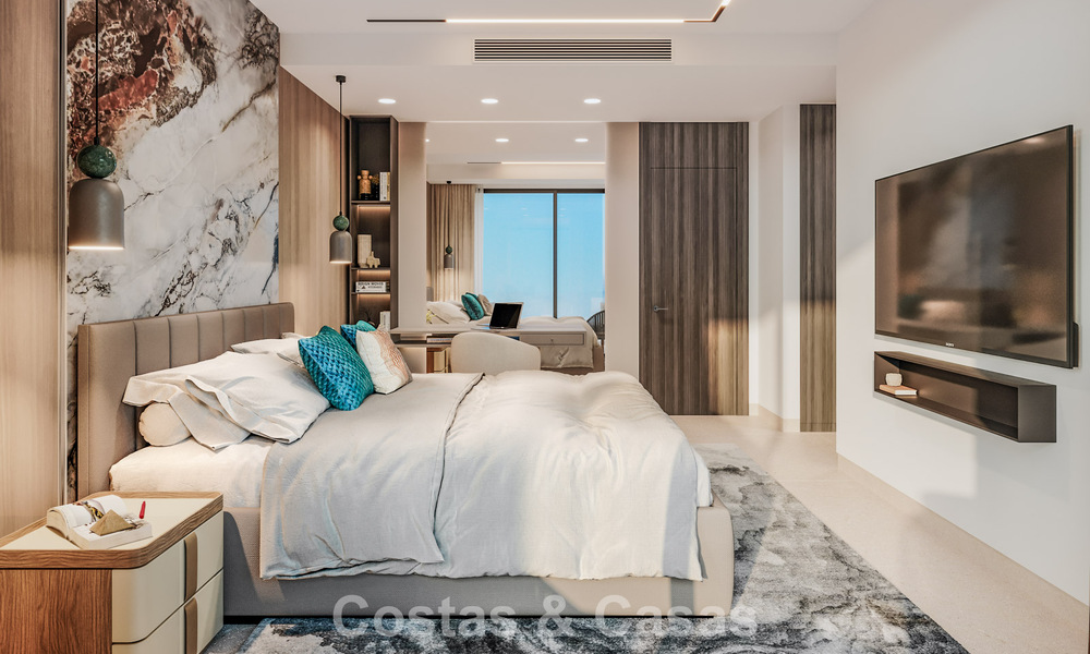 ¡Lanzamiento! Villas adosadas modernas con vistas al mar en venta en un complejo estilo resort en Elviria, Este de Marbella 793143