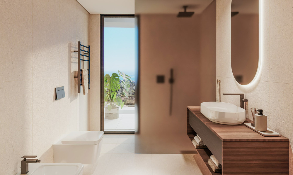 ¡Lanzamiento! Villas adosadas modernas con vistas al mar en venta en un complejo estilo resort en Elviria, Este de Marbella 793146