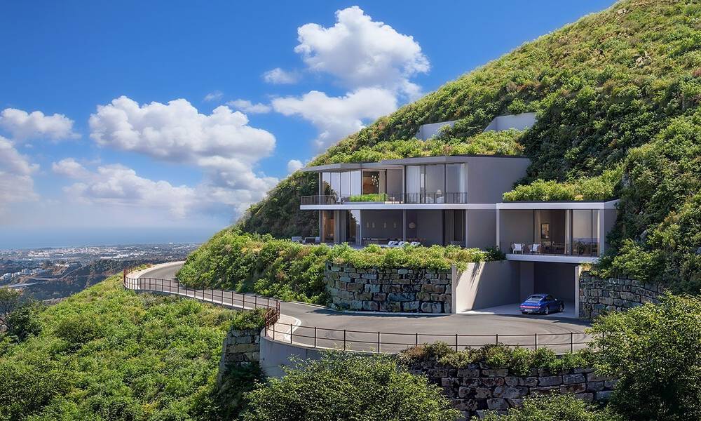 Villa de diseño arquitectónico con vistas panorámicas a la montaña y al mar en venta en Marbella - Benahavís 804108